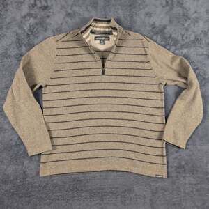 Eddie Bauer Sweater Mens Medium Brown 1/4 Zip Mock Neck Striped Knit Pullover